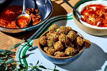 Fried Green Olives with Harissa Yogurt Dip