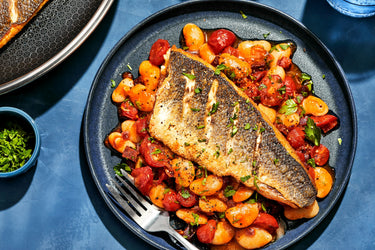 Pan Fried Sea Bass with Saucy Chorizo Beans