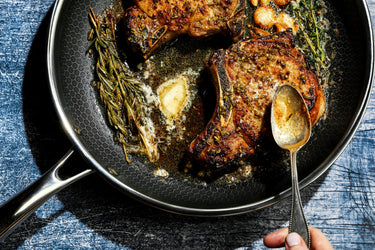 Honey Glazed Pork Chop With Spanish Rice in All Clad Stainless Steel Frying Pan