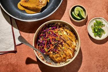 Spicy Peanut Chicken & Rice Bowl with Crunchy Slaw