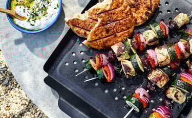 Greek Chicken Kebabs with Grilled Olives